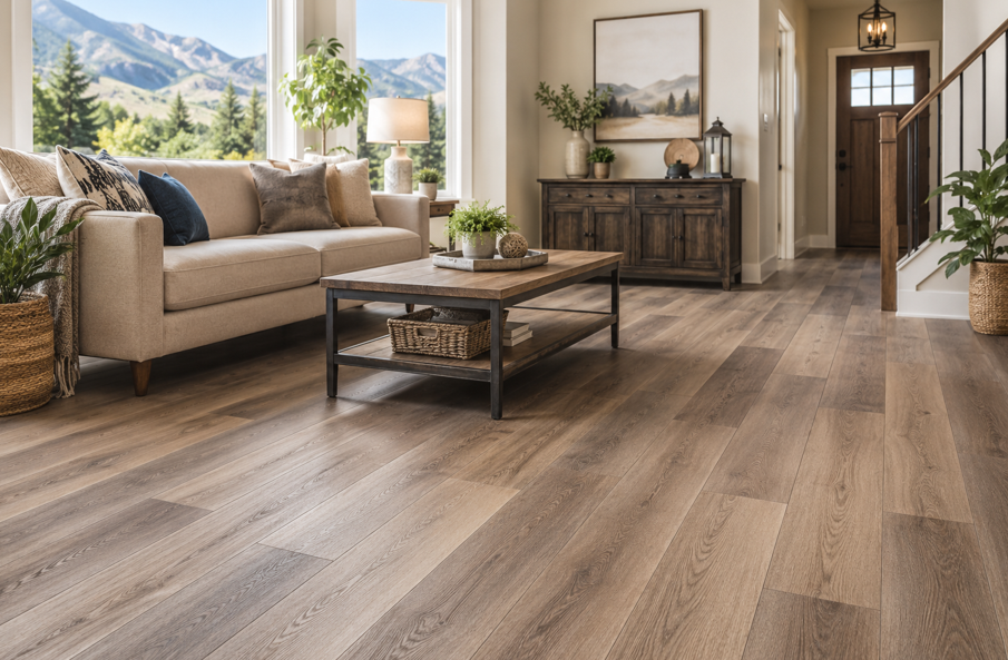 Modern living room with wide-plank wood flooring, neutral furnishings, and mountain views through large windows.