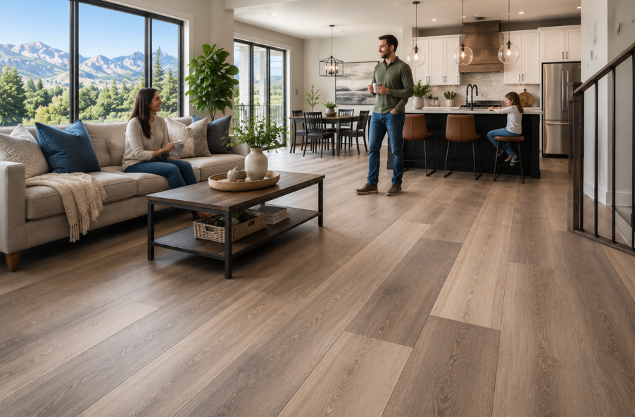 Family enjoying a modern open-concept living room with wood-look flooring, large windows, and mountain views.