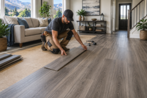 Professional installer laying wood-look flooring planks in a modern living room during a home renovation.