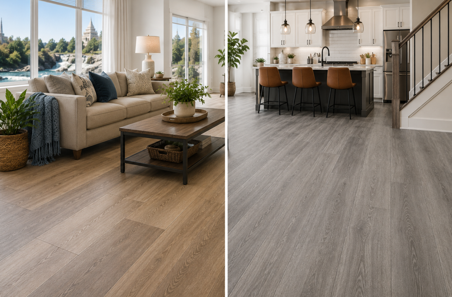 Side-by-side comparison of warm and cool wood-look flooring in modern living room and kitchen spaces.