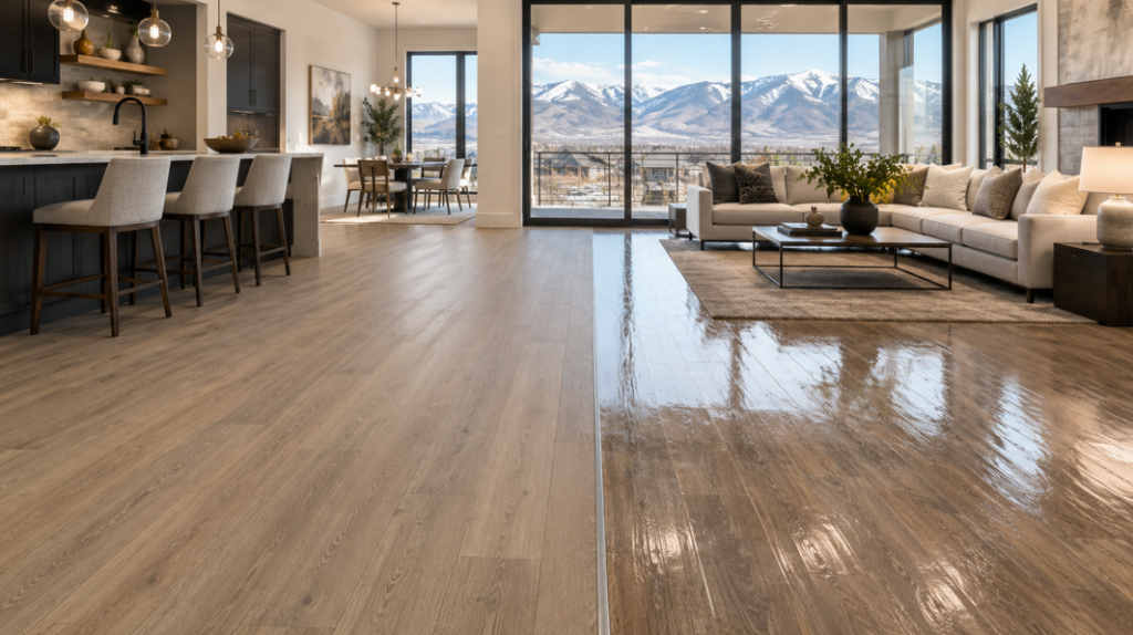 Modern open-plan home with contrasting wood flooring, kitchen seating, cosy lounge and snowy mountain views