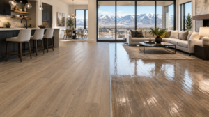 Modern open-plan home with contrasting wood flooring, kitchen seating, cosy lounge and snowy mountain views
