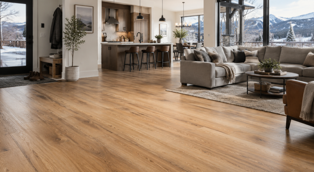 Open-plan mountain home with warm wood flooring, kitchen island, cosy lounge and snowy views