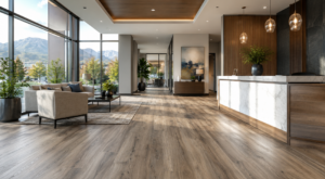 Modern lobby with wood-look flooring, marble reception desk, seating area and mountain views