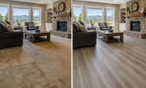 Before and after living room showing carpet replaced with grey wood-look flooring and stone fireplace