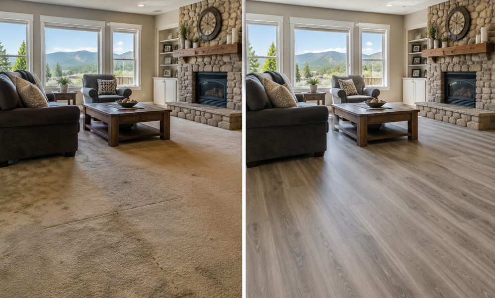 Before and after living room showing carpet replaced with grey wood-look flooring and stone fireplace