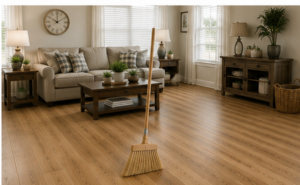 Clean laminate flooring in a Brigham City living room with a broom nearby for routine care.