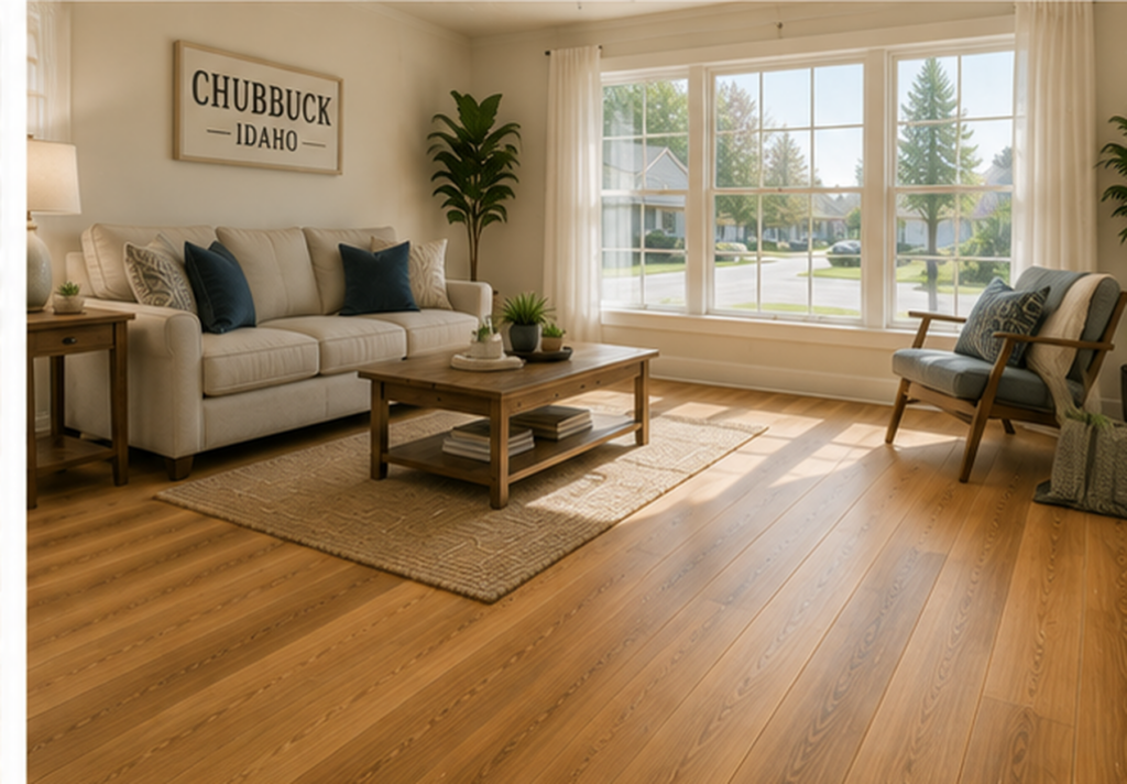 Bright Chubbuck living room with warm honey-toned wood-look vinyl flooring and natural light.