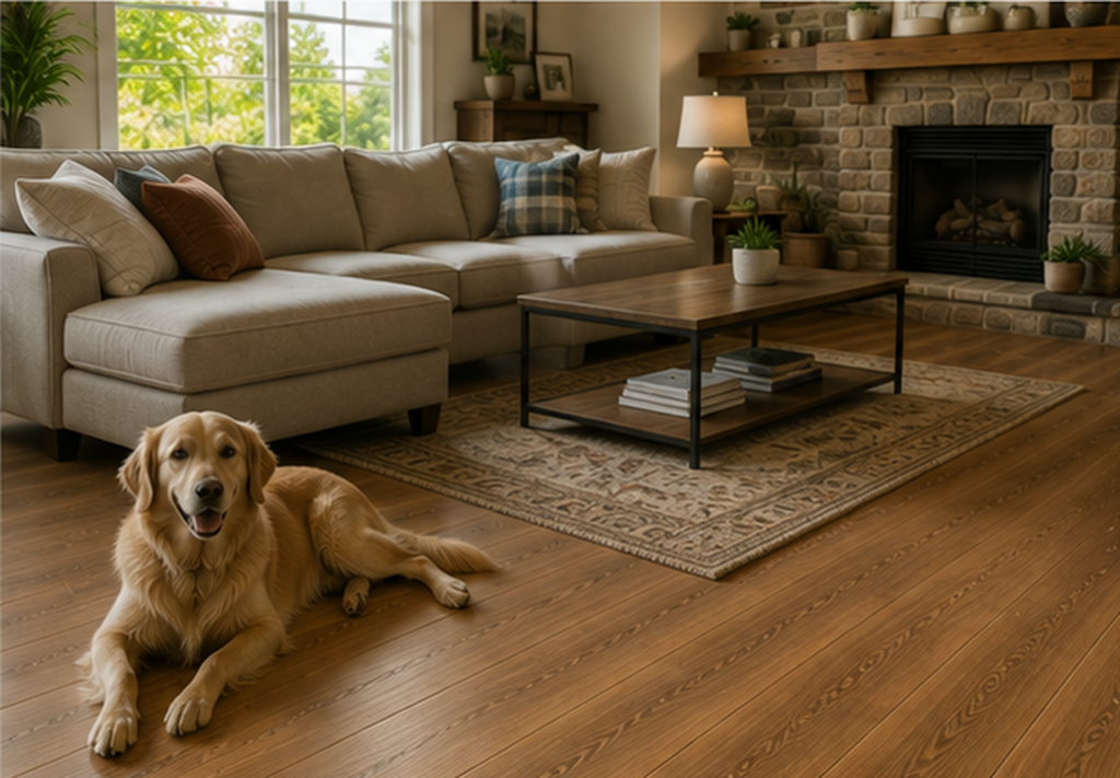Durable warm wood-tone laminate flooring in a family living room with a dog resting nearby.