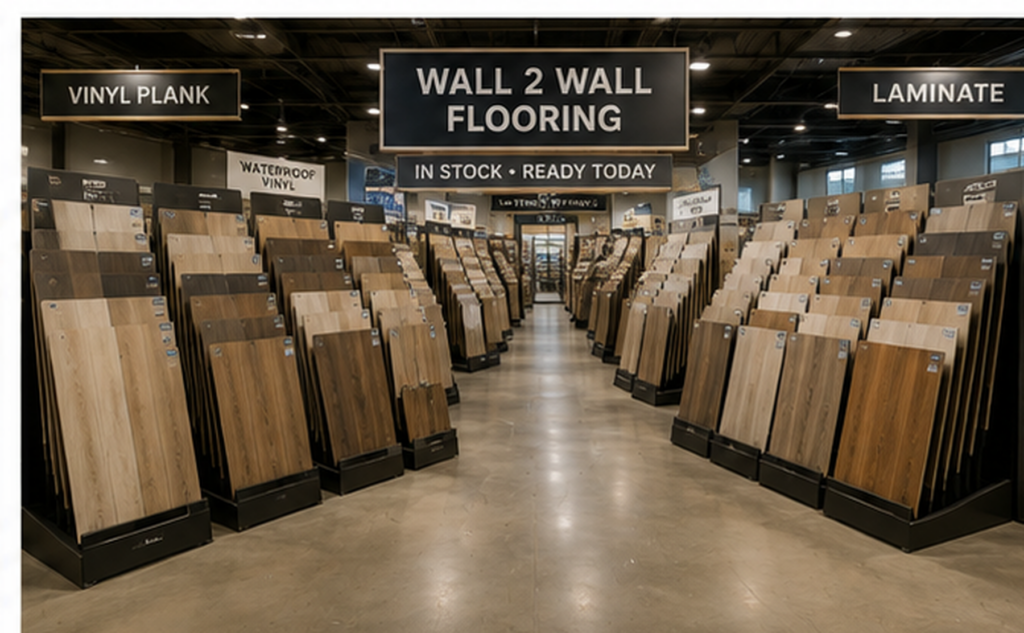 Wall 2 Wall showroom with rows of in-stock vinyl and laminate flooring samples ready for installation