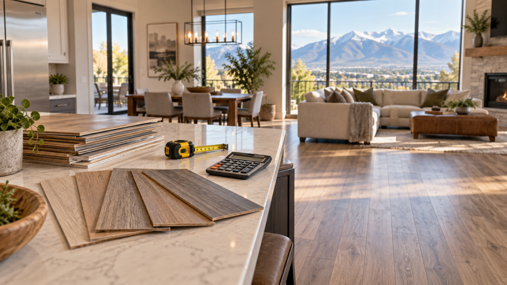 wood flooring samples , tape measure and calculatior on a kitchen island overlooking a bright living room and mountain view.